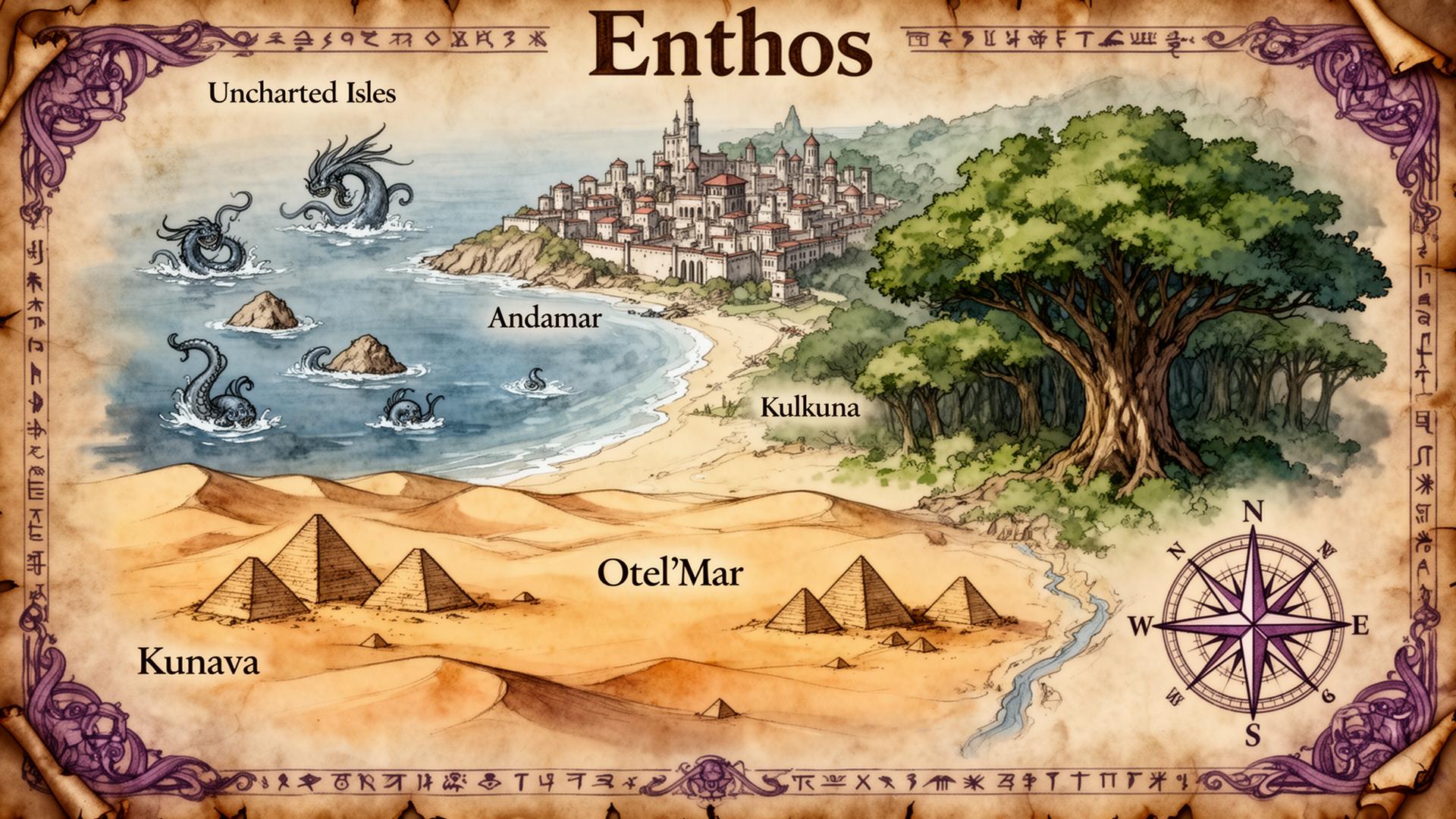 Illustrated parchment map of the realm of Enthos